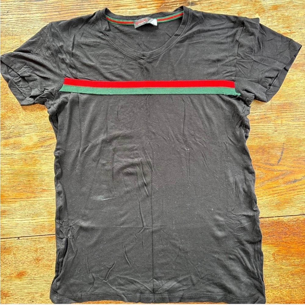 Classic Black Tee with Red and Green Accents